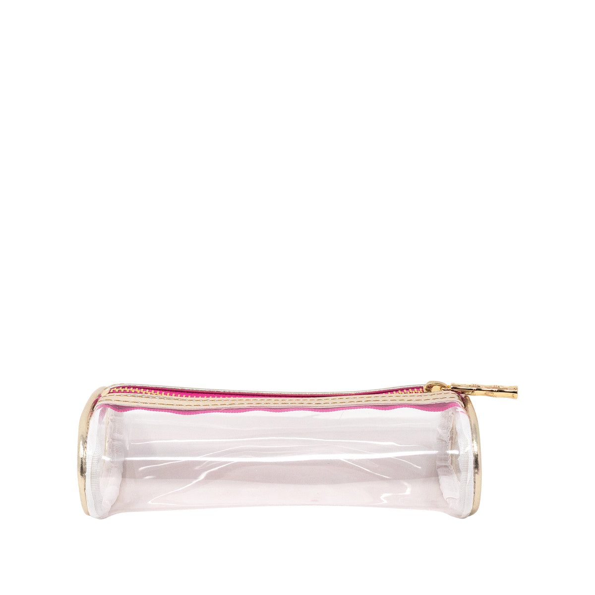 A clear cylindrical zippered pouch with gold-toned metal trim and a pink zipper accent, shown on a plain white background.