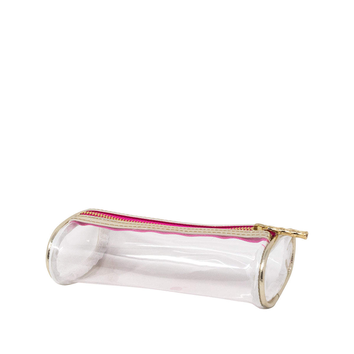 A clear cylindrical zippered pouch with a vibrant pink interior lining and gold-tone metal trim and zipper pull, shown on a plain white background.