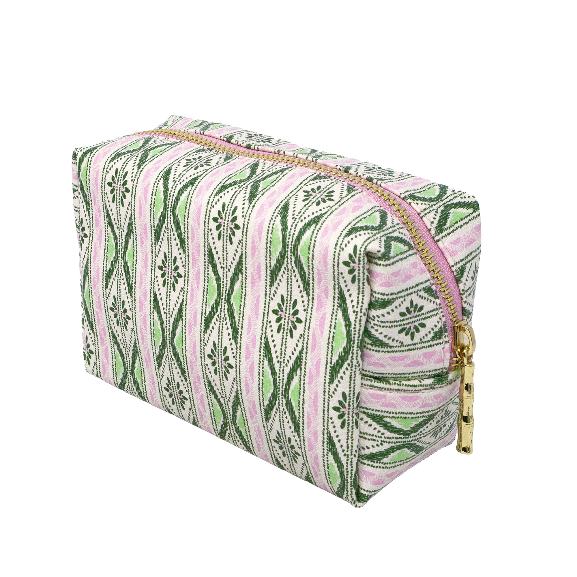 A rectangular zippered cosmetic pouch featuring a green and pink geometric tribal pattern on a white background, with a gold zipper pull.