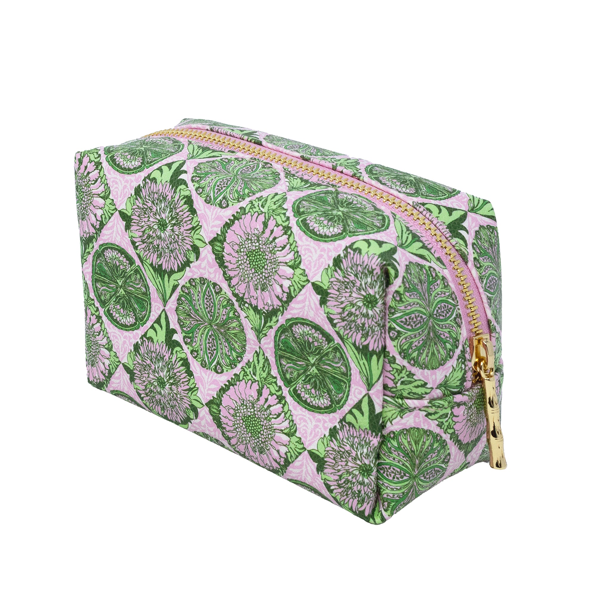 A rectangular zippered cosmetic pouch featuring a green botanical and citrus pattern on a light pink background, with a gold zipper.