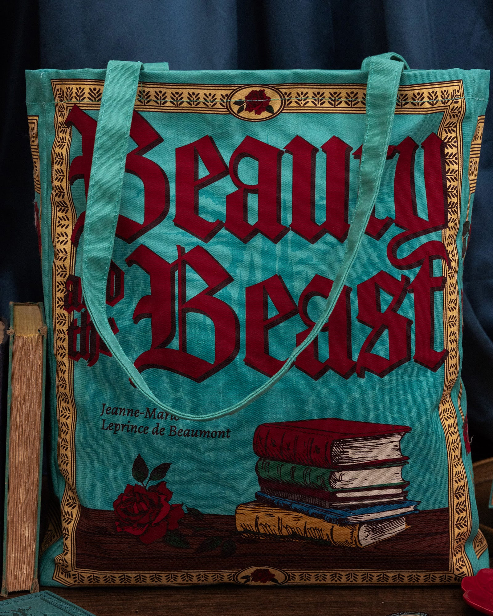 teal beauty and the beast 'book cover' tote bag