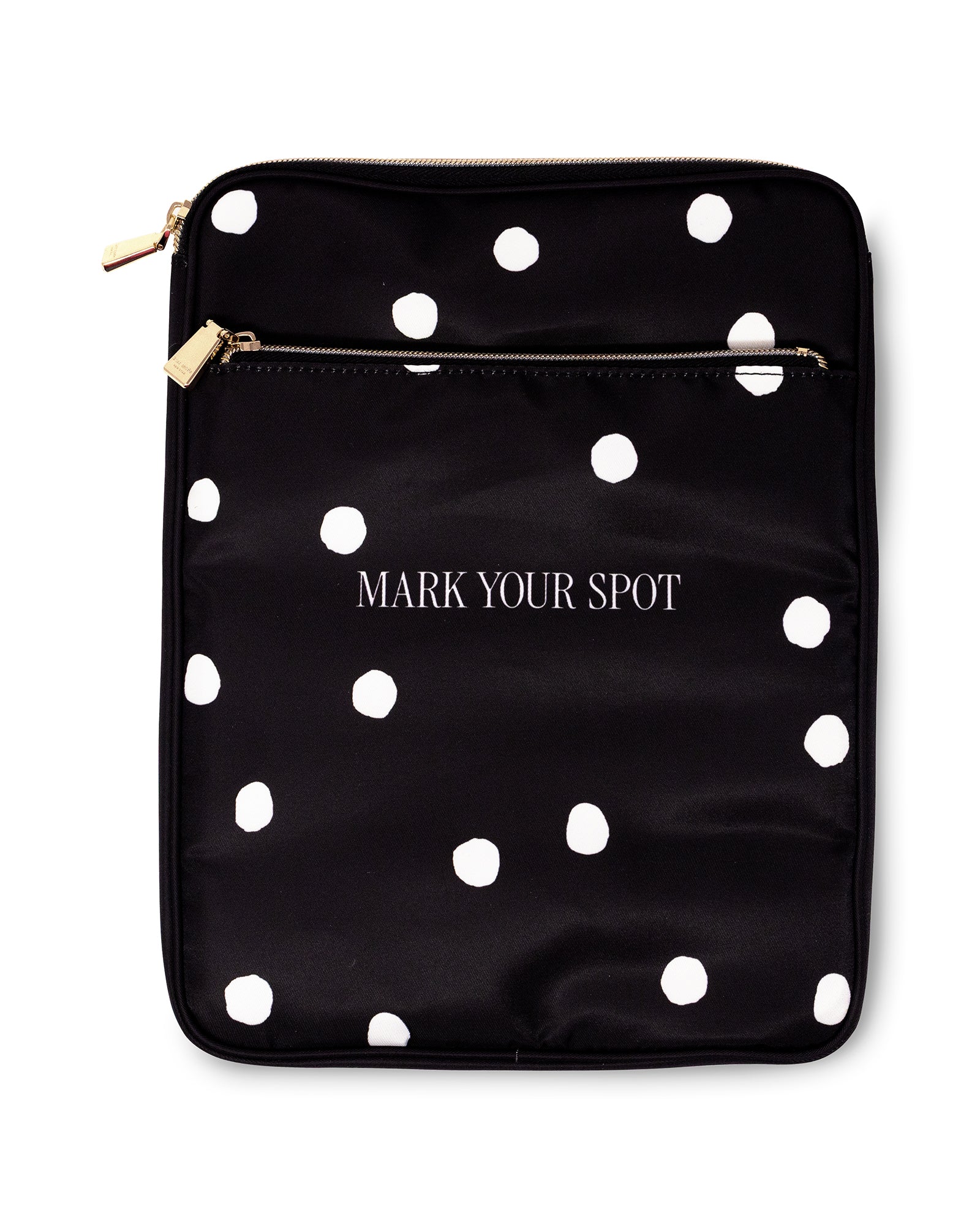 black travel book pouch with white polka dots and 'MARK THE SPOT' on the front