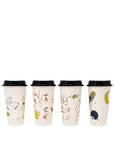 Set of four tumblers with black lids on a white background