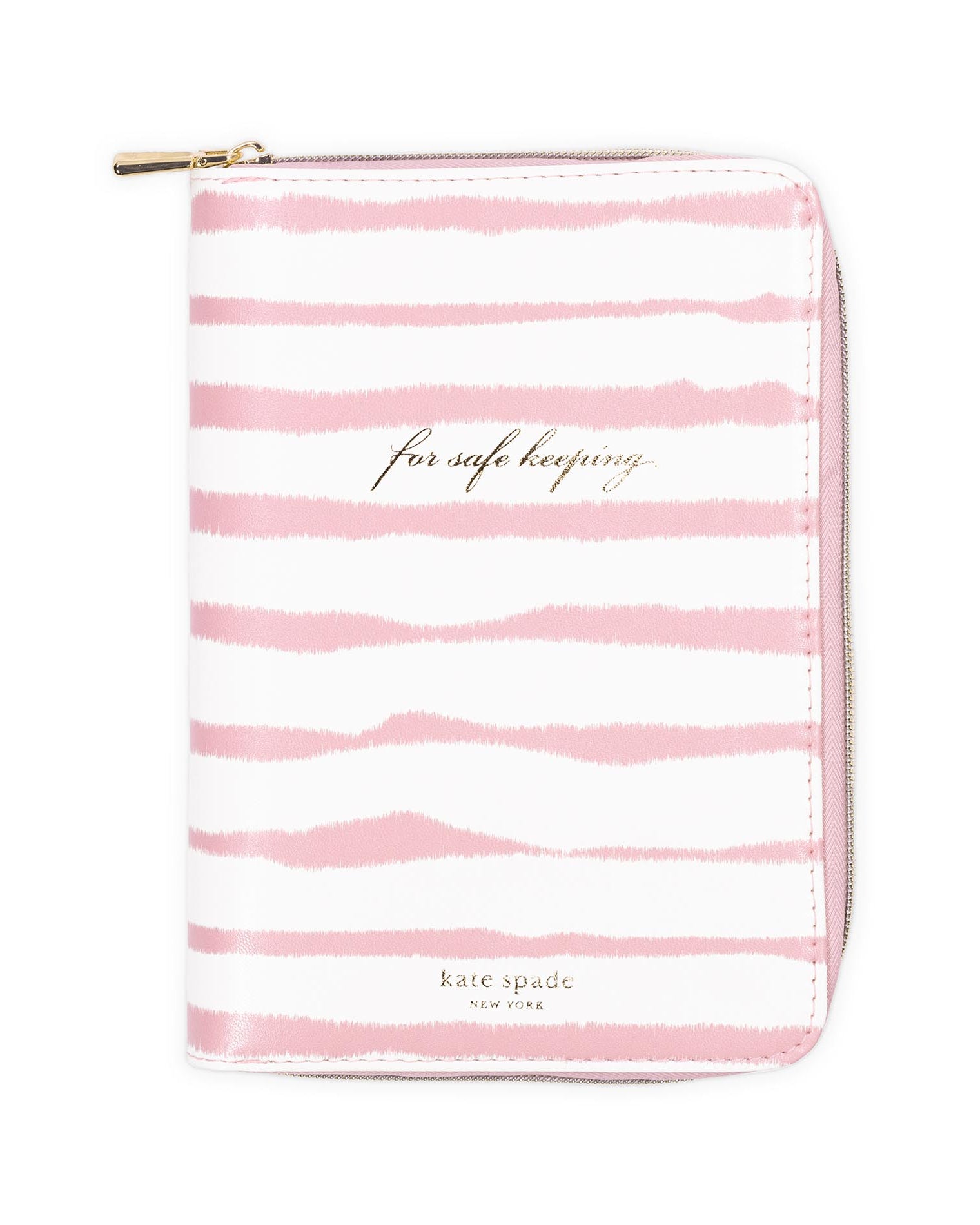 Pink and white striped pouch with 'kate spade new york' branding on a white background