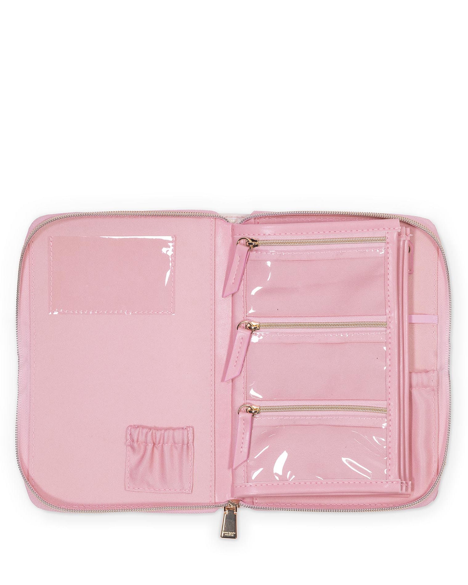Pink travel organizer with clear compartments on a white background