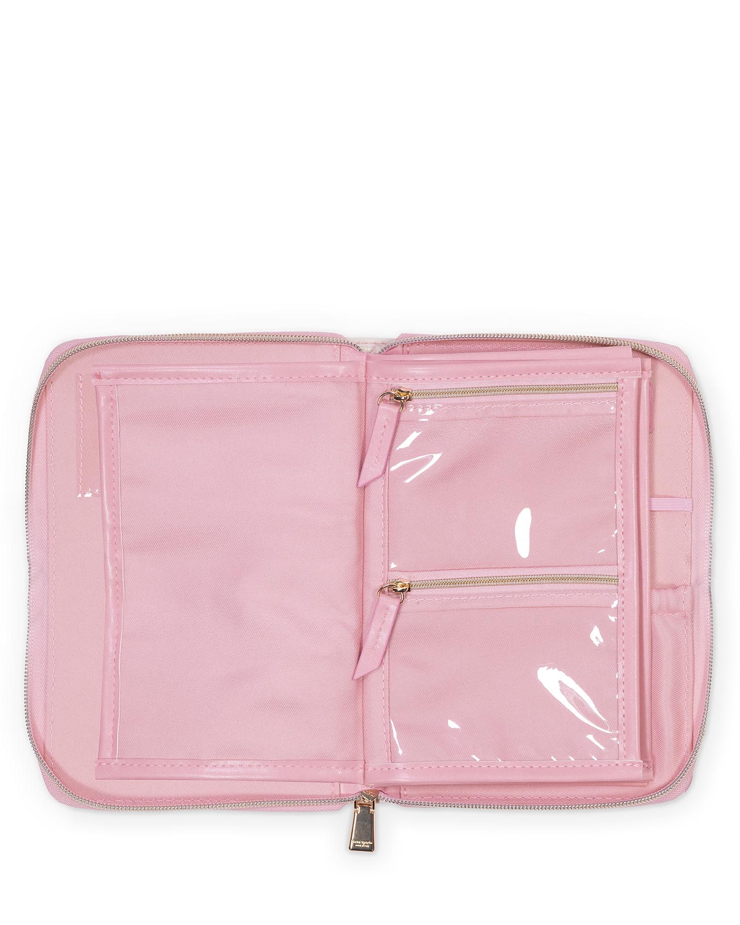 Pink travel organizer with clear front pocket on a white background