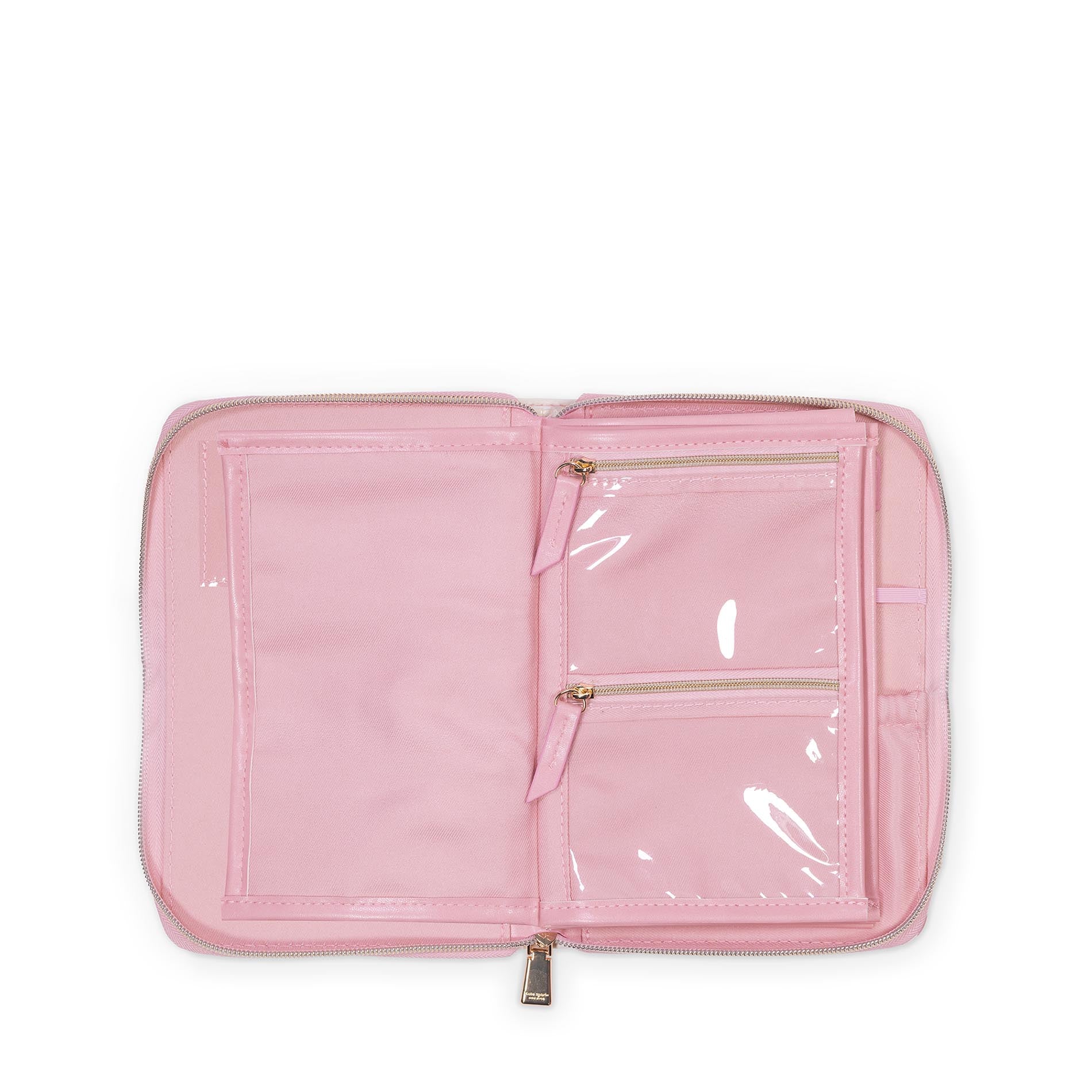Pink travel organizer with clear front pocket on a white background