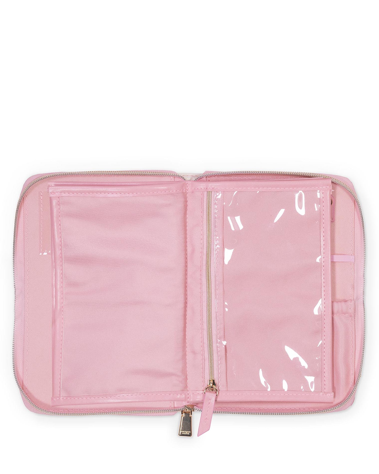 Pink travel organizer with a clear front panel on a white background