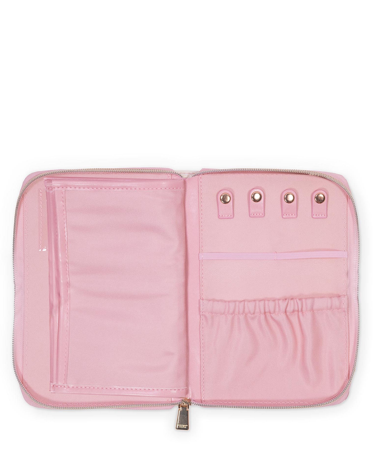Pink travel organizer with multiple compartments on a white background