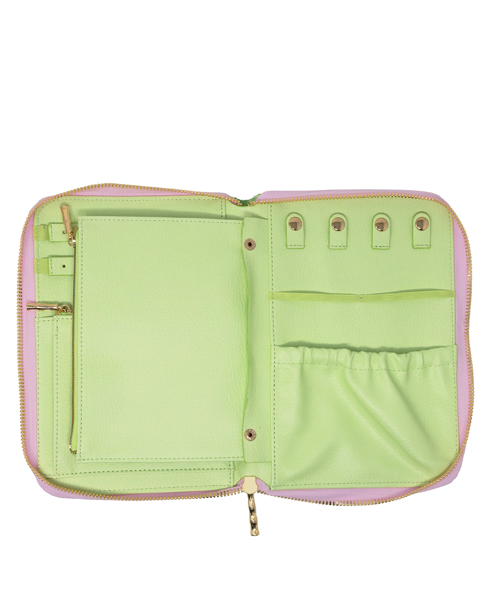 An open light green zippered organizer case with gold-tone hardware, featuring multiple interior pockets, loops, and a zipper closure, shown on a plain white background.