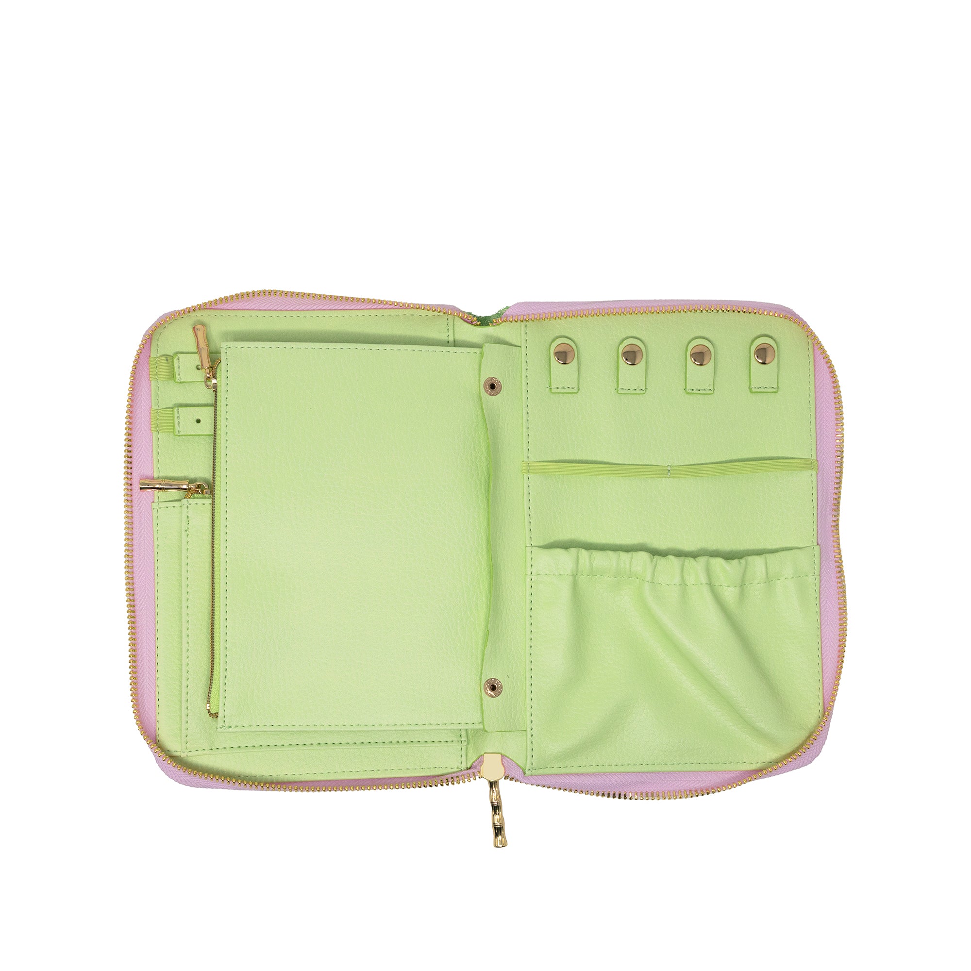 An open light green zippered organizer case with gold-tone hardware, featuring multiple interior pockets, loops, and a zipper closure, shown on a plain white background.