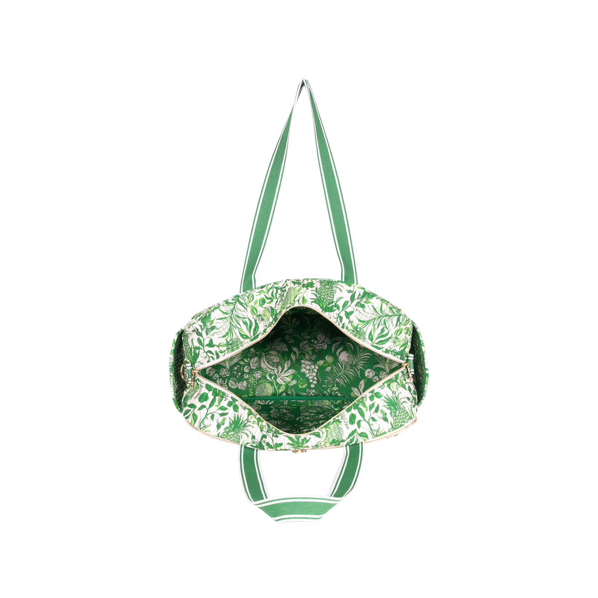 A green and white patterned duffel bag shown from a top-down view, with its interior and shoulder straps visible against a plain white background.