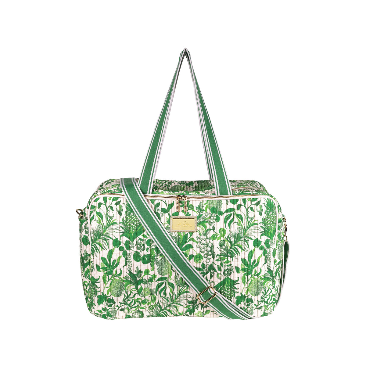 A green and white botanical print duffel bag with green and white striped handles and a matching diagonal shoulder strap, featuring a gold-tone metal brand plaque on the front.