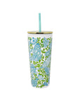 Tumbler with floral design and straw on a white background