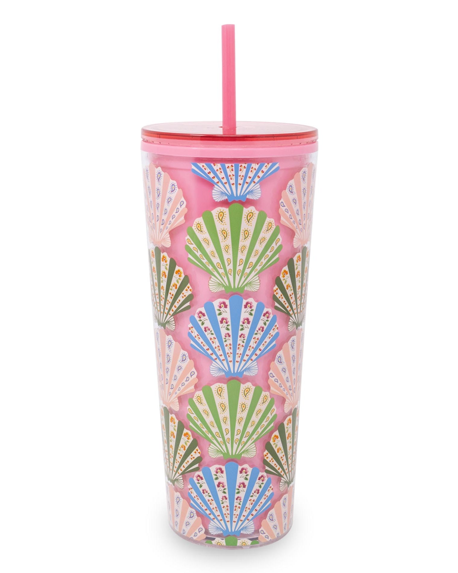 Colorful tumbler with shell pattern and pink lid on a white background