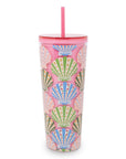Colorful tumbler with shell pattern and pink lid on a white background