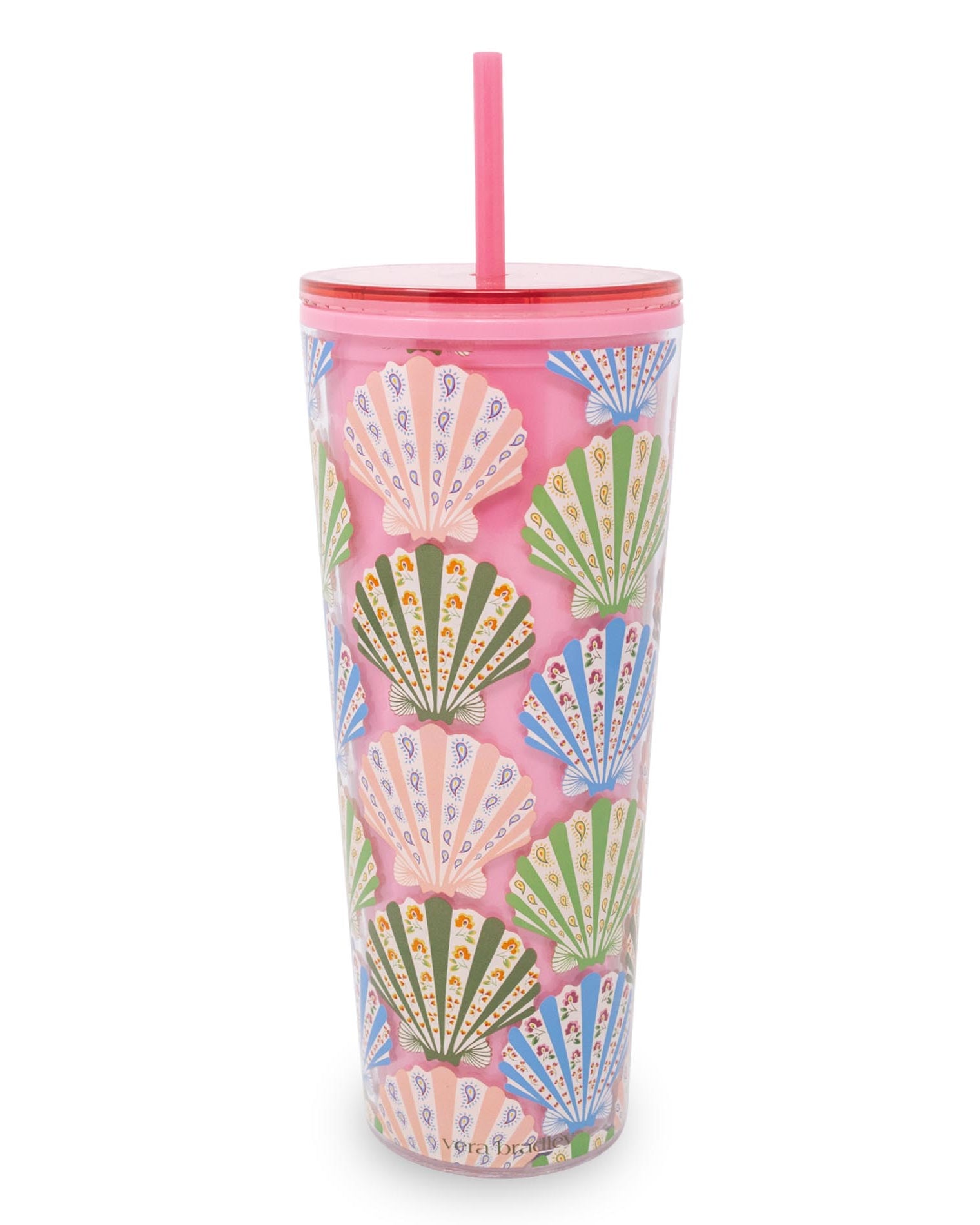 Tumbler with colorful shell pattern and pink lid on a white background