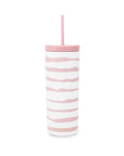 Tumbler with pink and white striped design on a white background