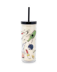 Tumbler with a colorful design of lipsticks and a rocket on a white background