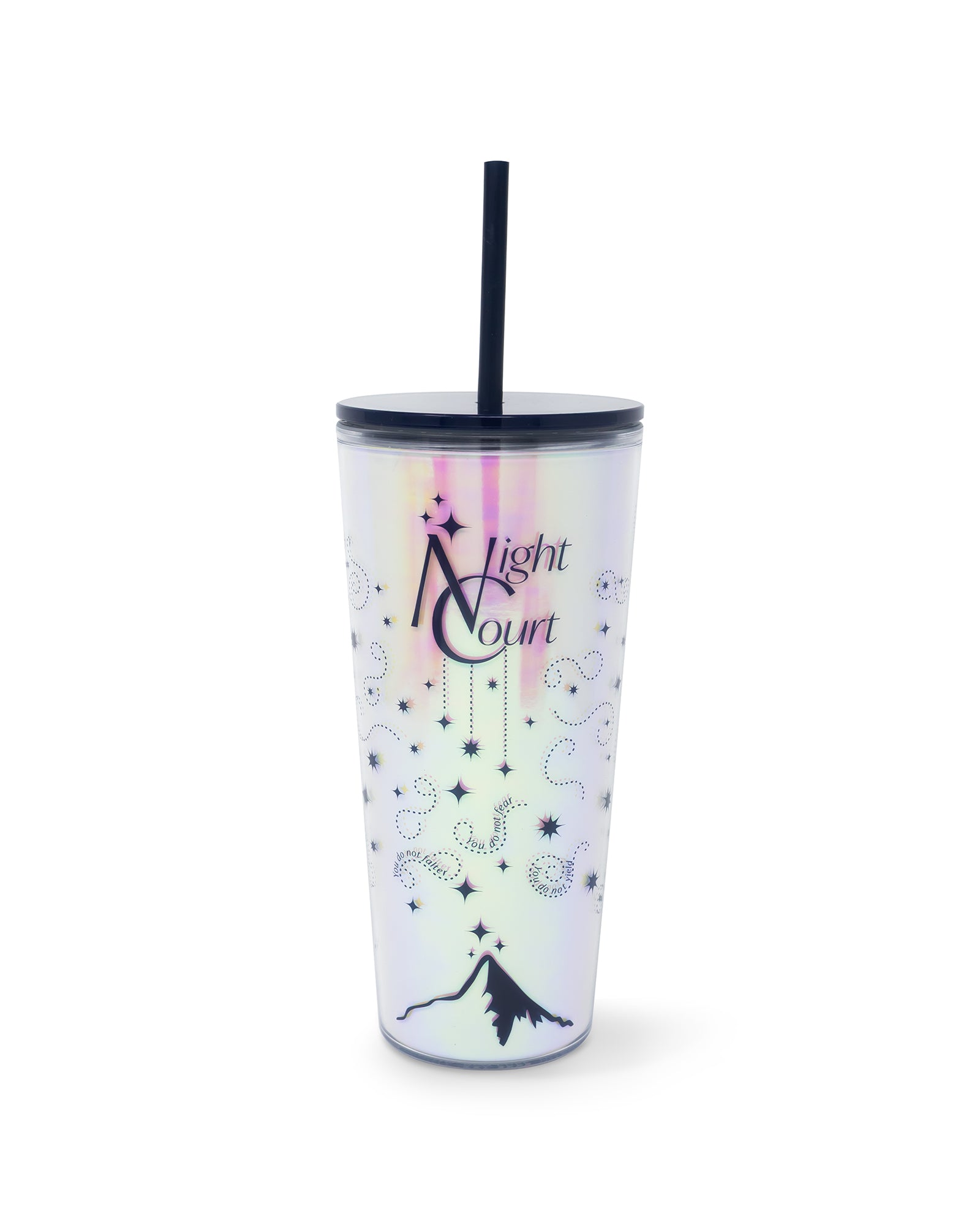 Tumbler with 'Night Court' design on a white background