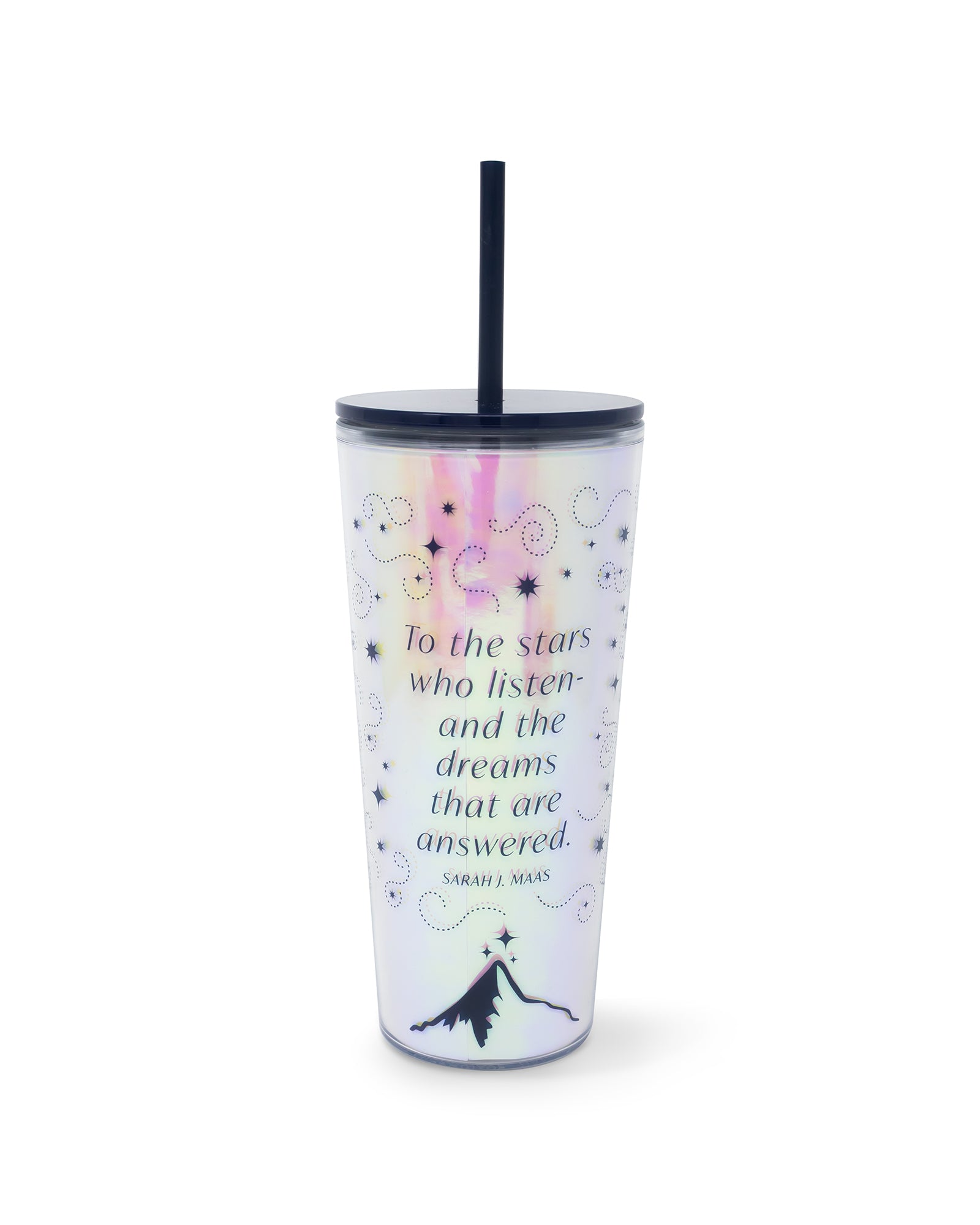 Tumbler with motivational quote and star design on a white background