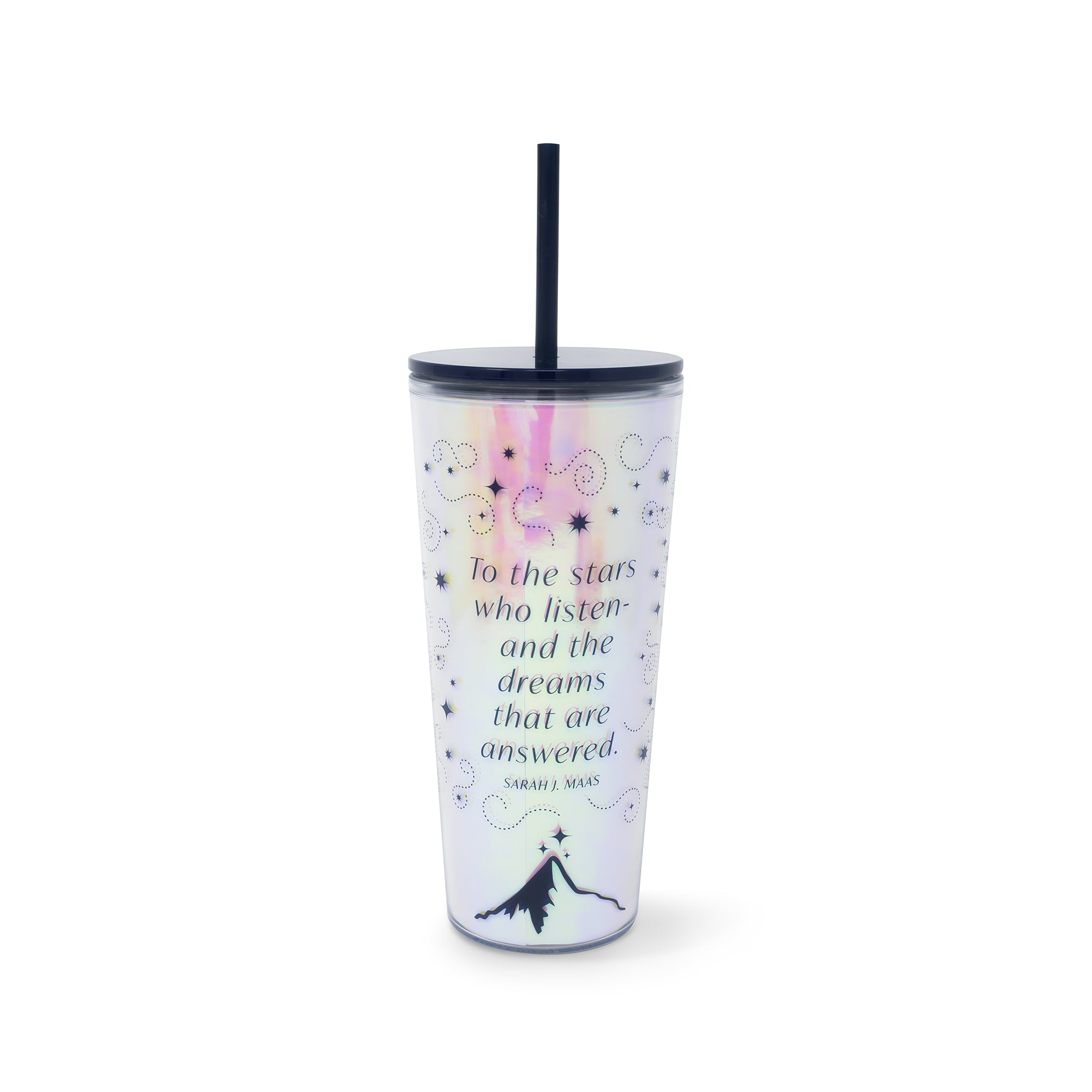 Tumbler with motivational quote and star design on a white background