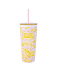 Tumbler with yellow floral pattern on a pink background
