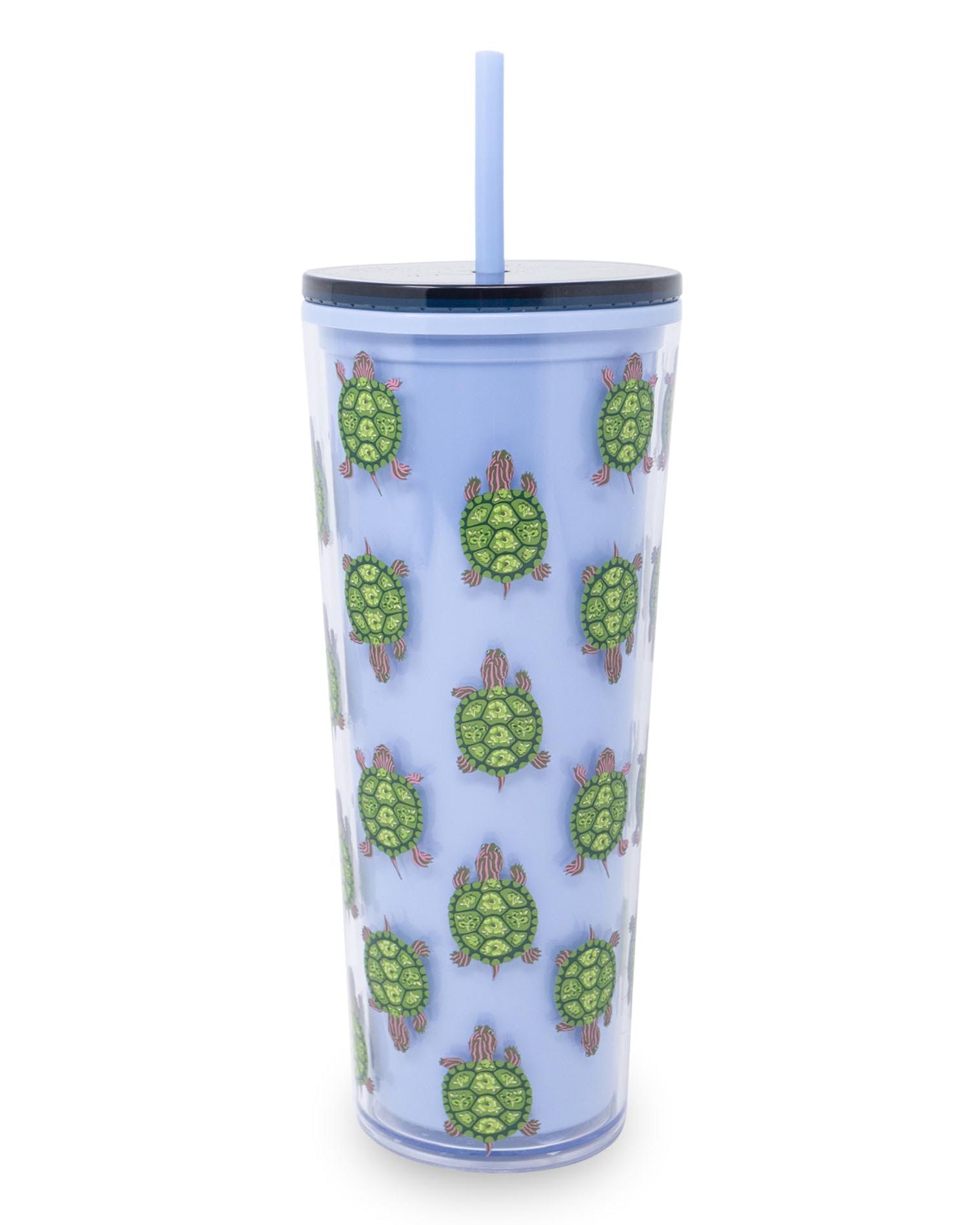 Tumbler with turtle pattern on a light blue background