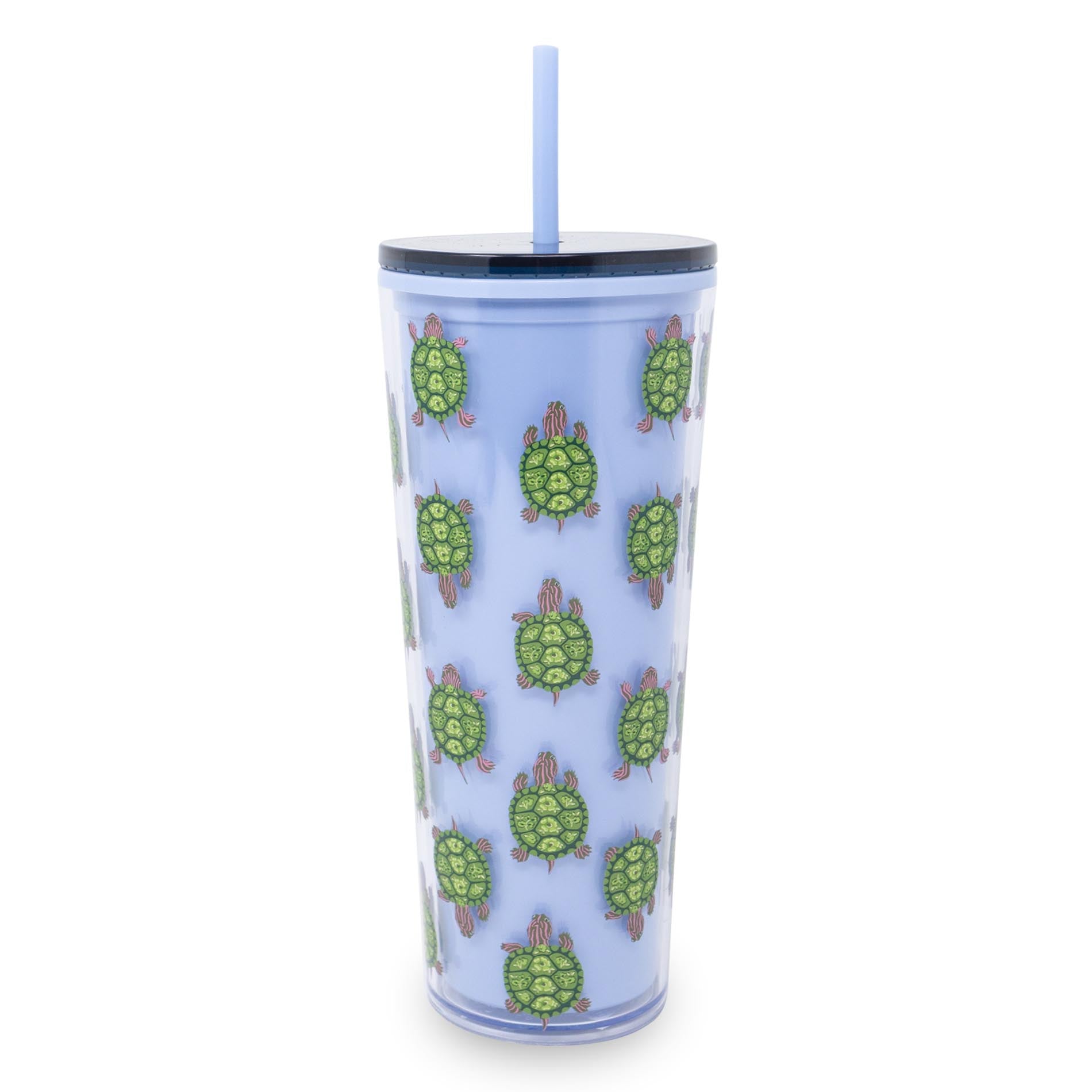 Tumbler with turtle pattern on a light blue background
