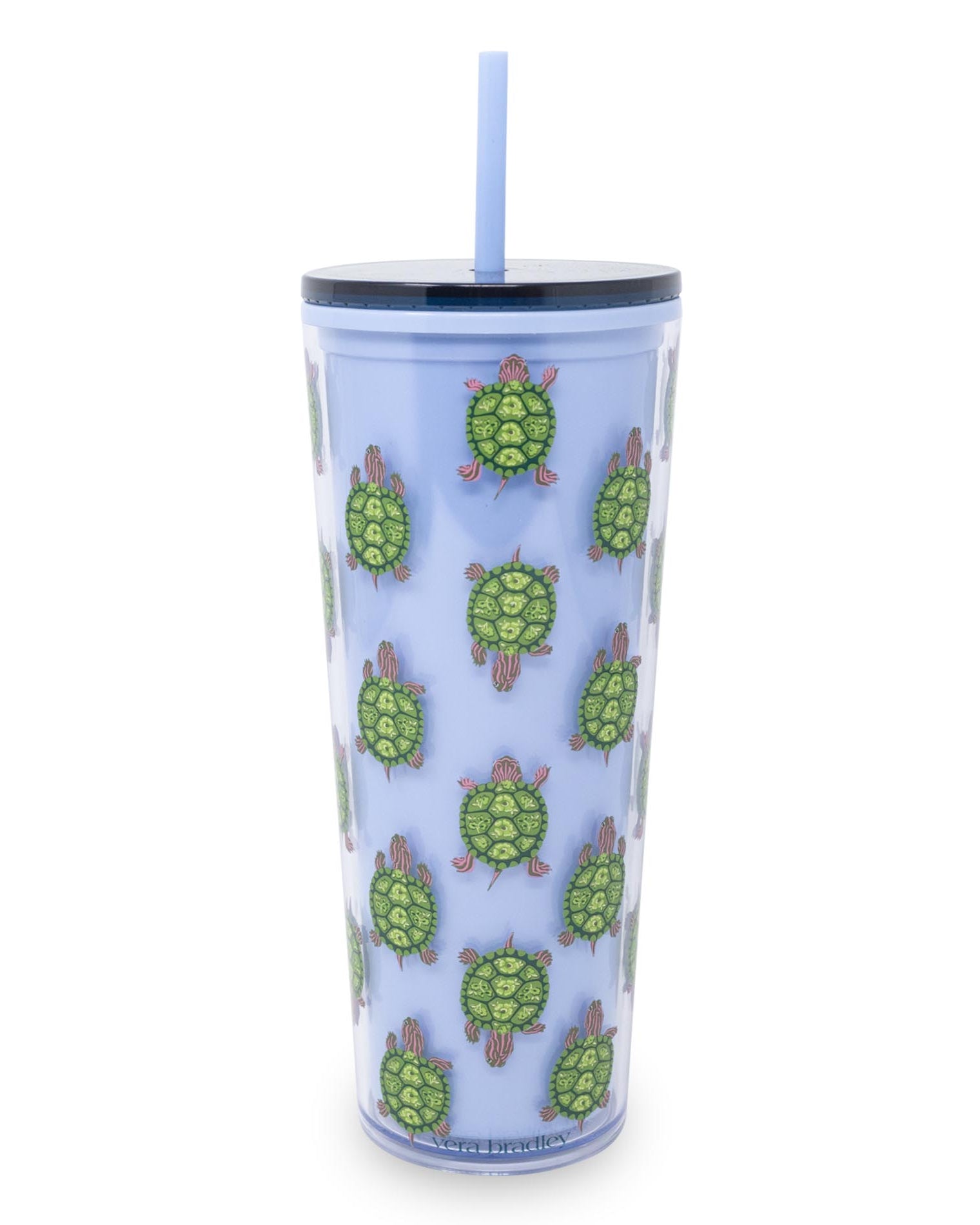 Clear tumbler with green turtle pattern on a light blue background