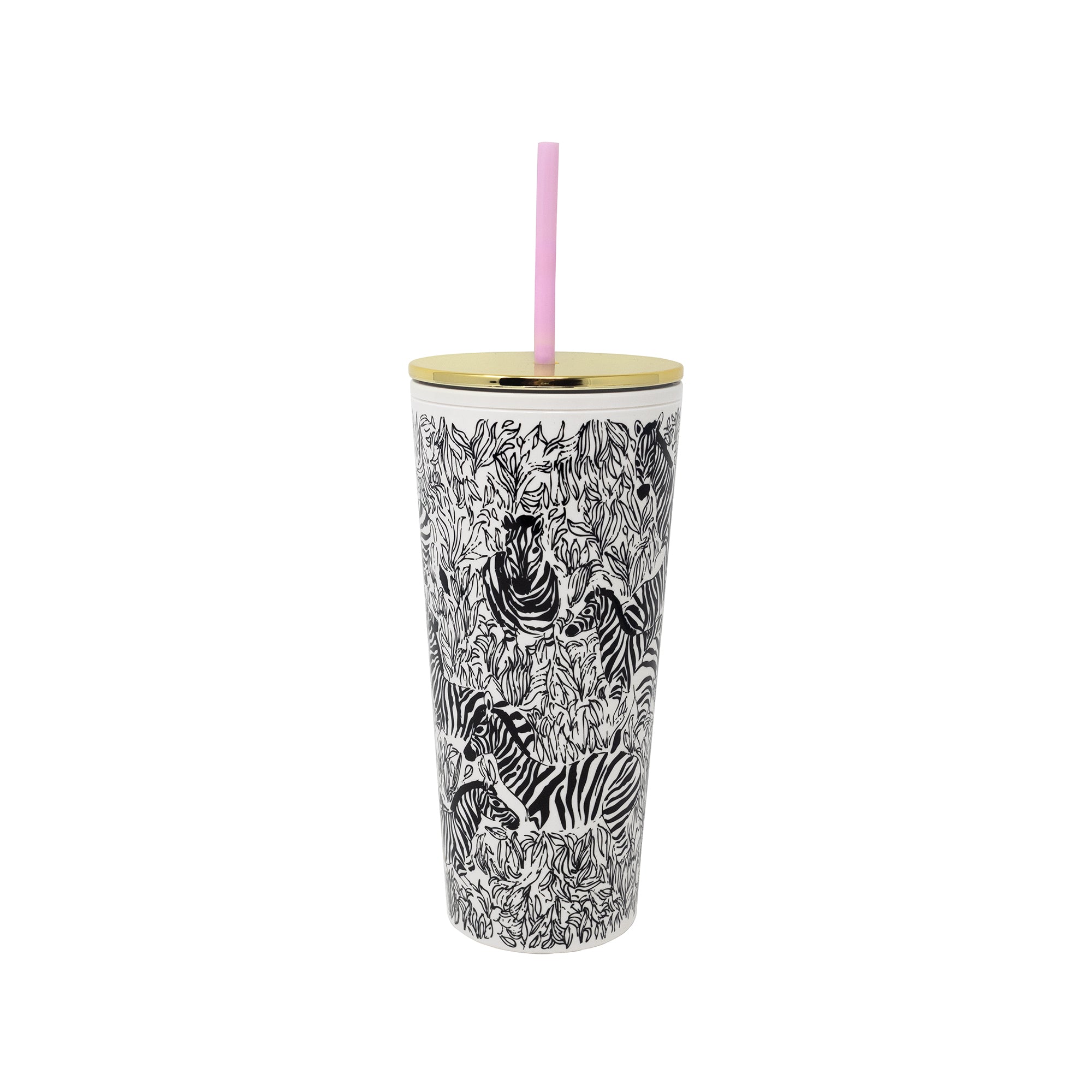 A tall insulated tumbler with a black and white zebra and jungle print, featuring a gold metal lid and a pink straw, set against a plain white background.