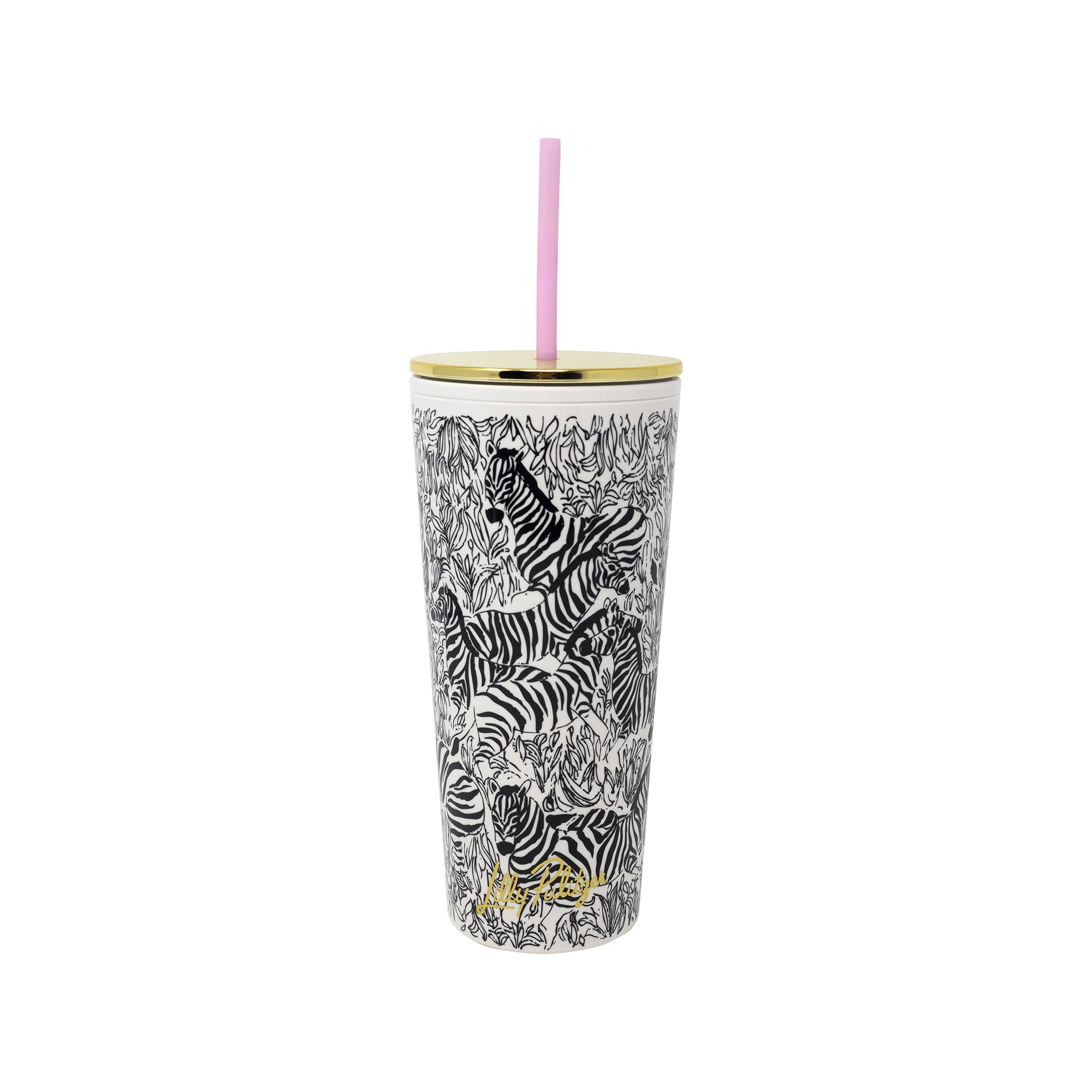 A tall insulated tumbler with a lid and pink straw, featuring a black and white zebra print on a white background with a small gold logo near the bottom.