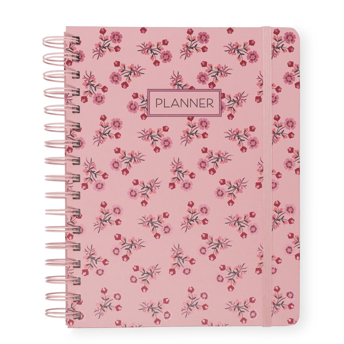 A pink spiral-bound planner with a delicate pink and red floral pattern, featuring a central label that reads 'PLANNER' and an elastic closure band.
