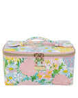 Floral patterned makeup bag with pink accents on a white background