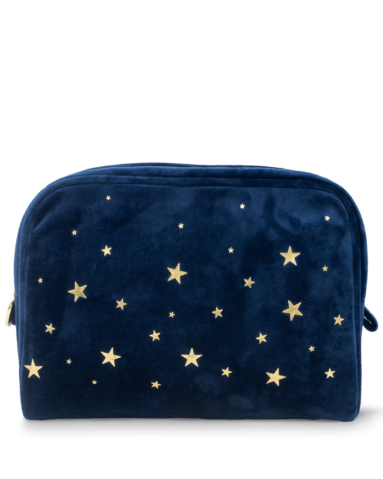 Navy blue pouch with gold star patterns on a white background