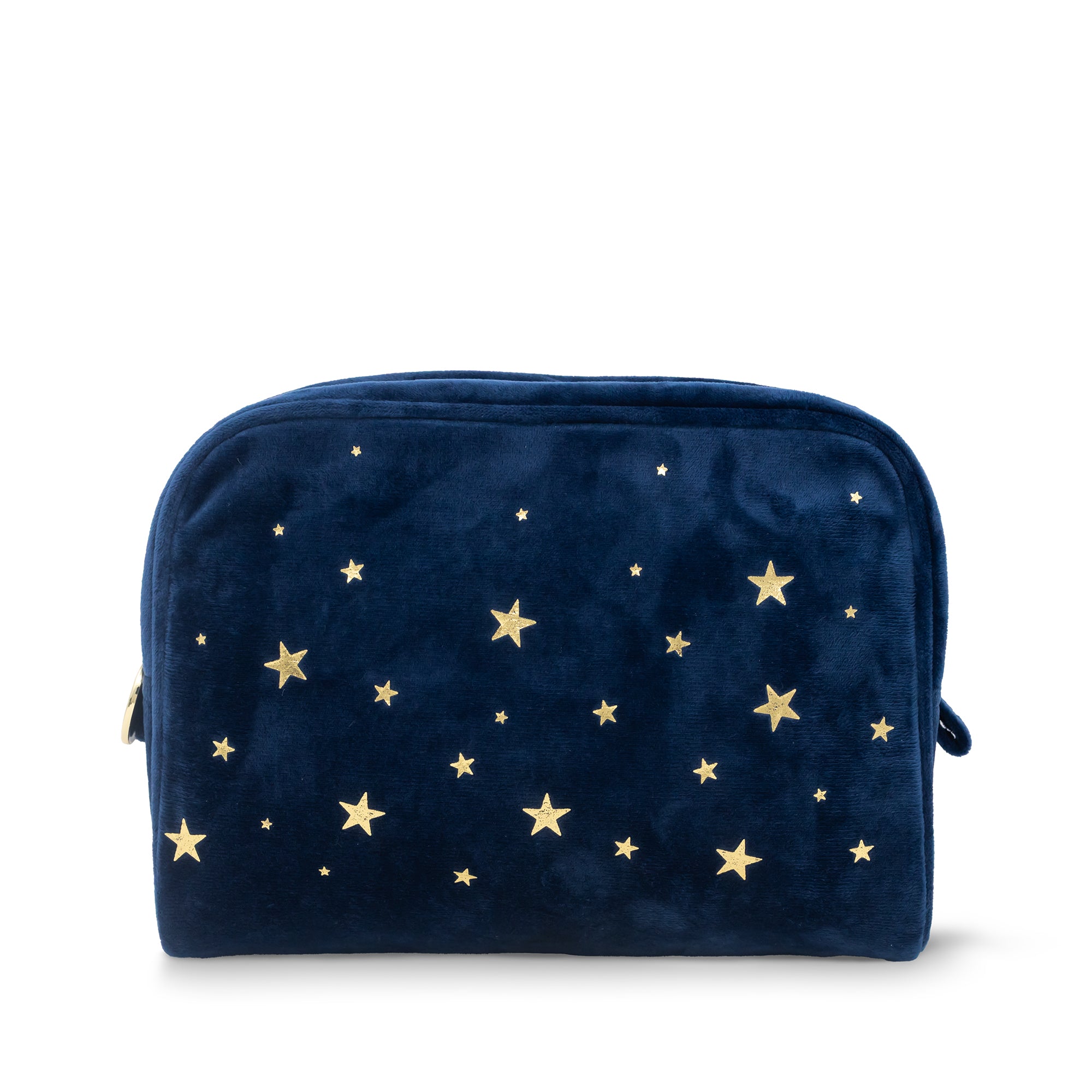 Navy blue pouch with gold star patterns on a white background