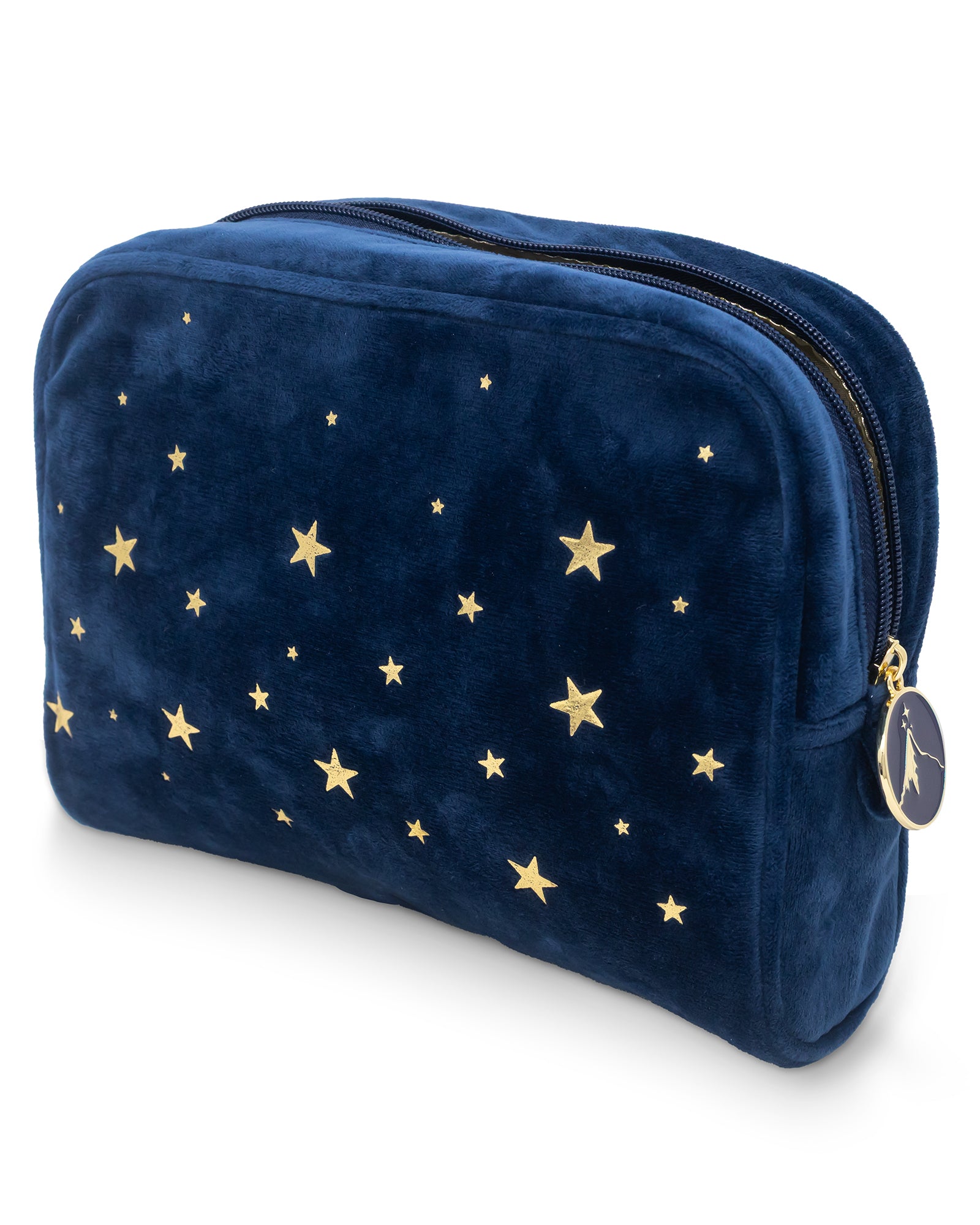 Blue pouch with gold star patterns on a white background