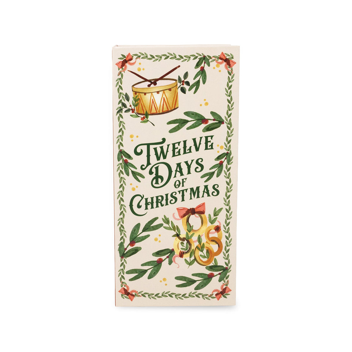 A vertical rectangular Christmas packaging with an off-white background, featuring the text 'Twelve Days of Christmas' in dark green script, surrounded by a decorative wreath border with green leaves, red berries, and gold ornaments.