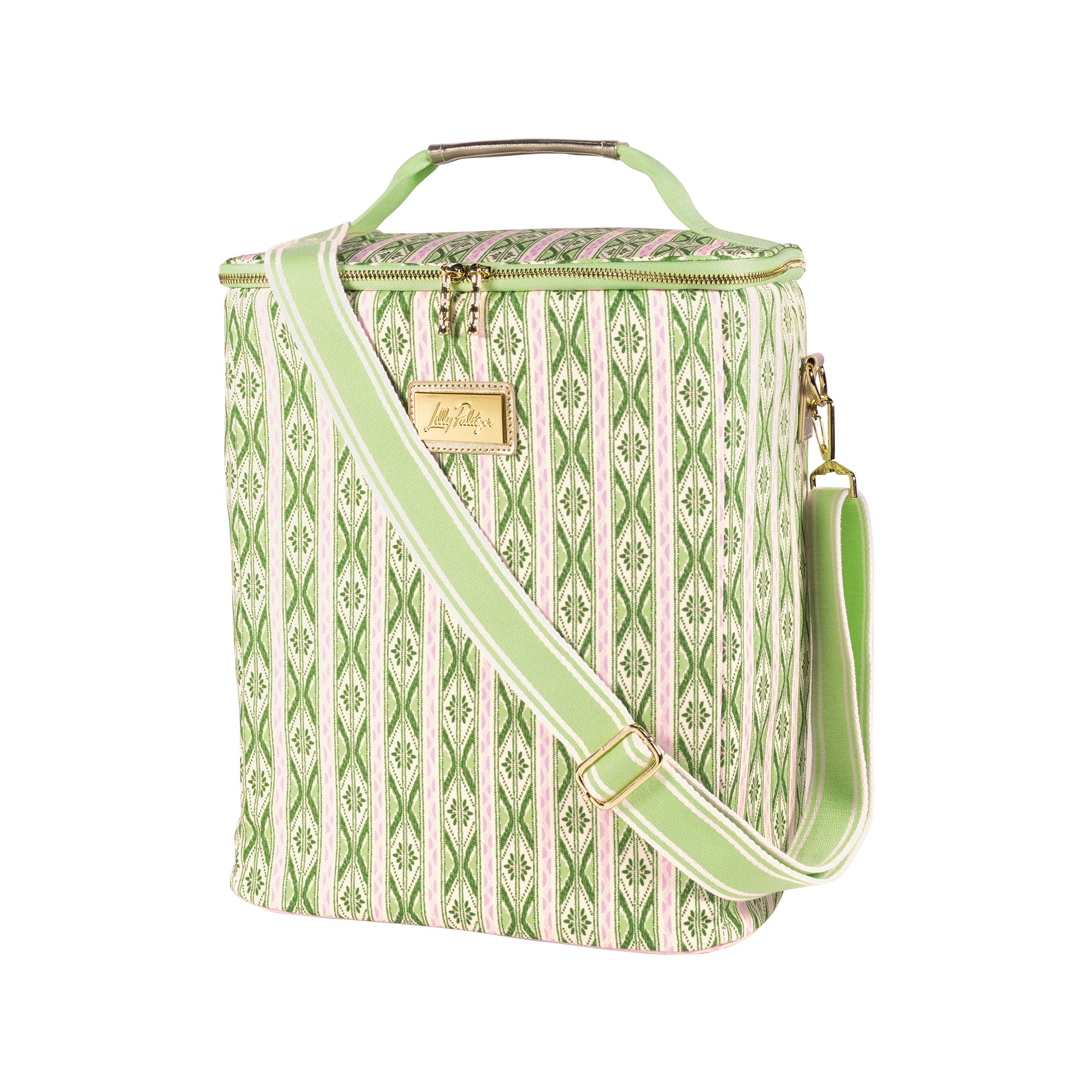 A square-shaped cooler bag with a green and pink geometric pattern, featuring a top handle, a detachable shoulder strap, and a gold-tone brand plaque on a white background.