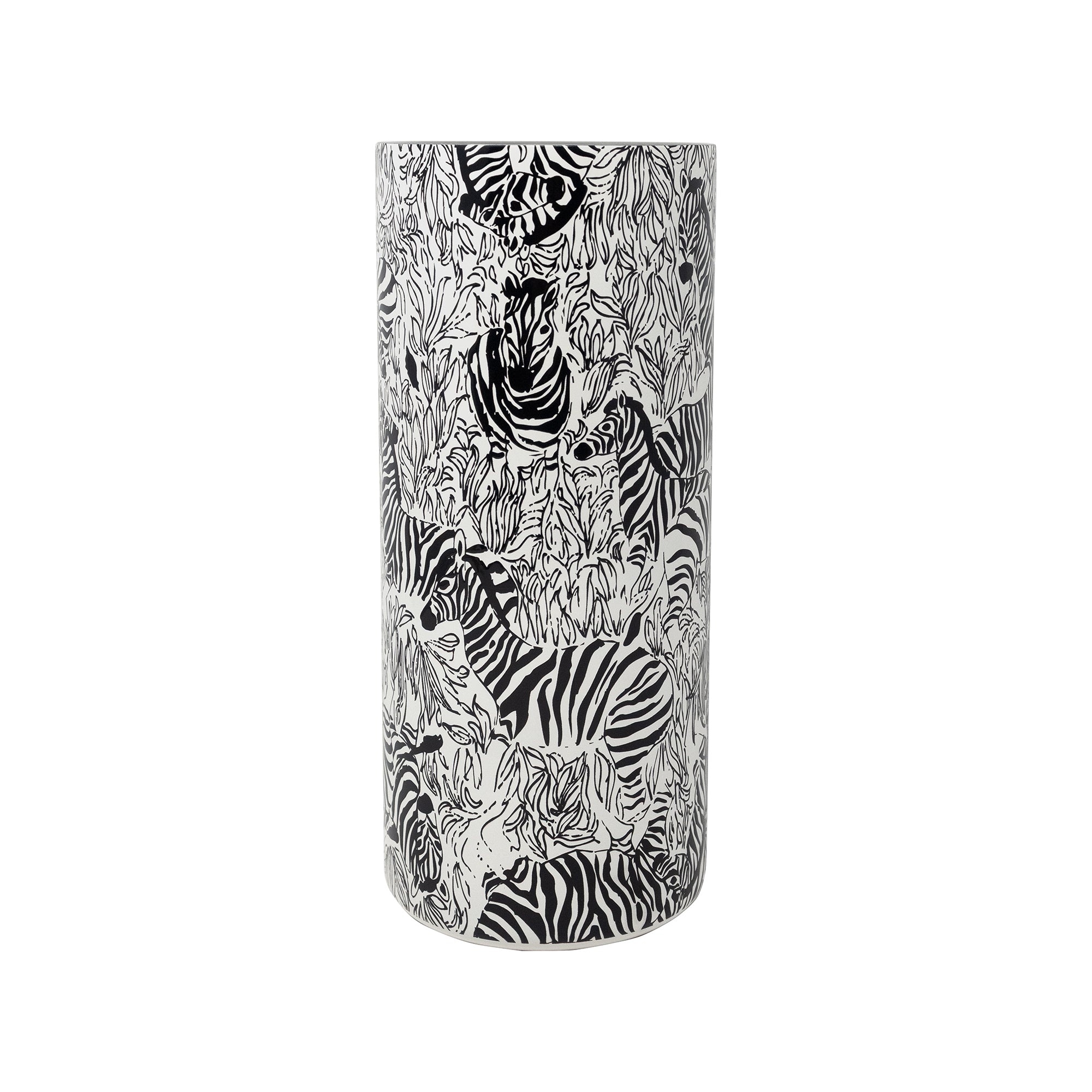A tall cylindrical vase featuring a detailed black and white illustration of various zebras and tigers amidst dense foliage, set against a plain white background.