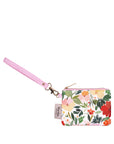 Floral-patterned pouch with a pink strap on a white background