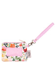 Floral wristlet with pink strap on a white background