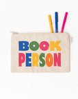 Pouch with 'Book Person' text and colorful pens on a white background
