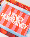 Striped pouch with 'Fancy Schnafancy' text on a colorful background