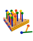 Colorful wooden pegboard toy on a white background