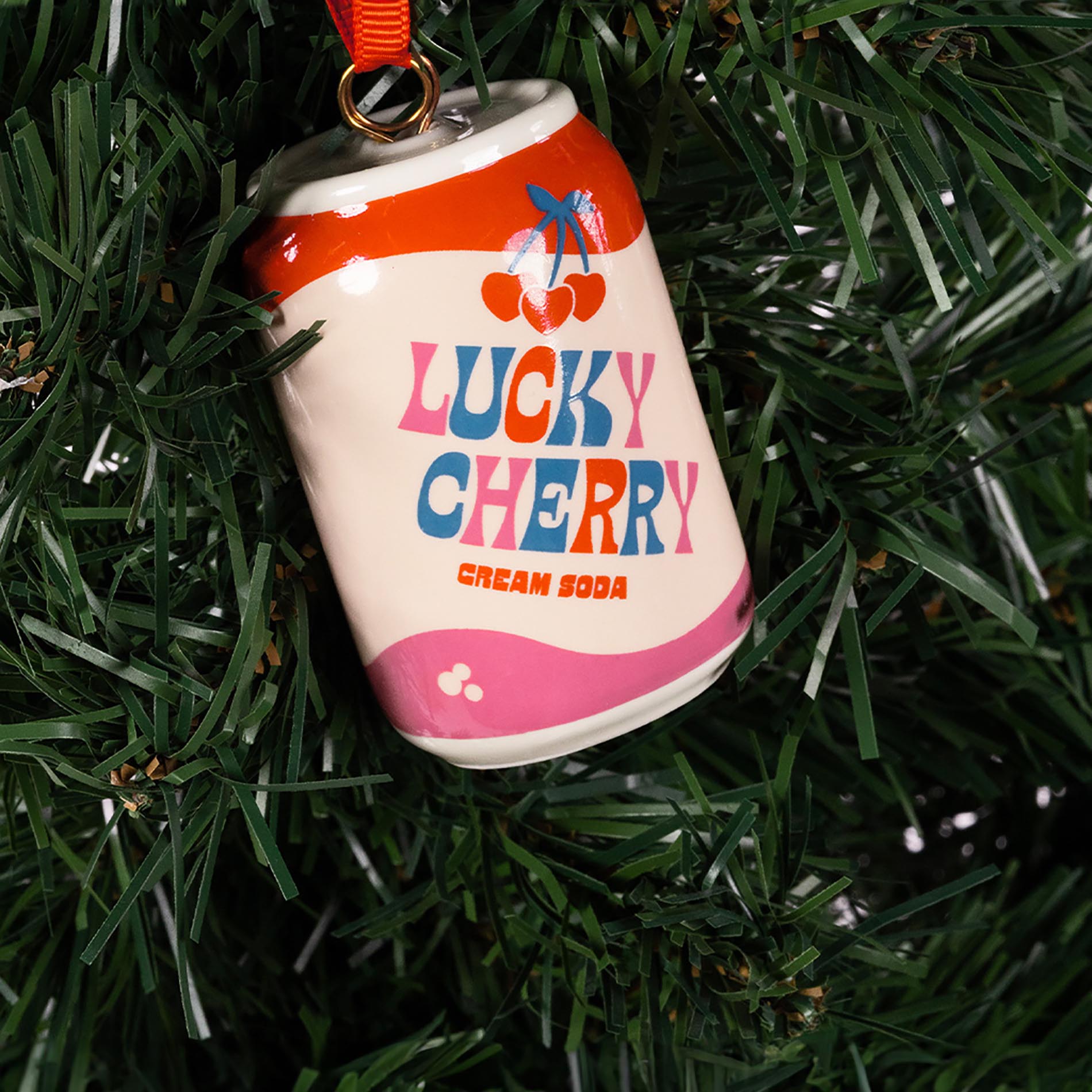 Lucky cherry cream soda with ornament on a tree
