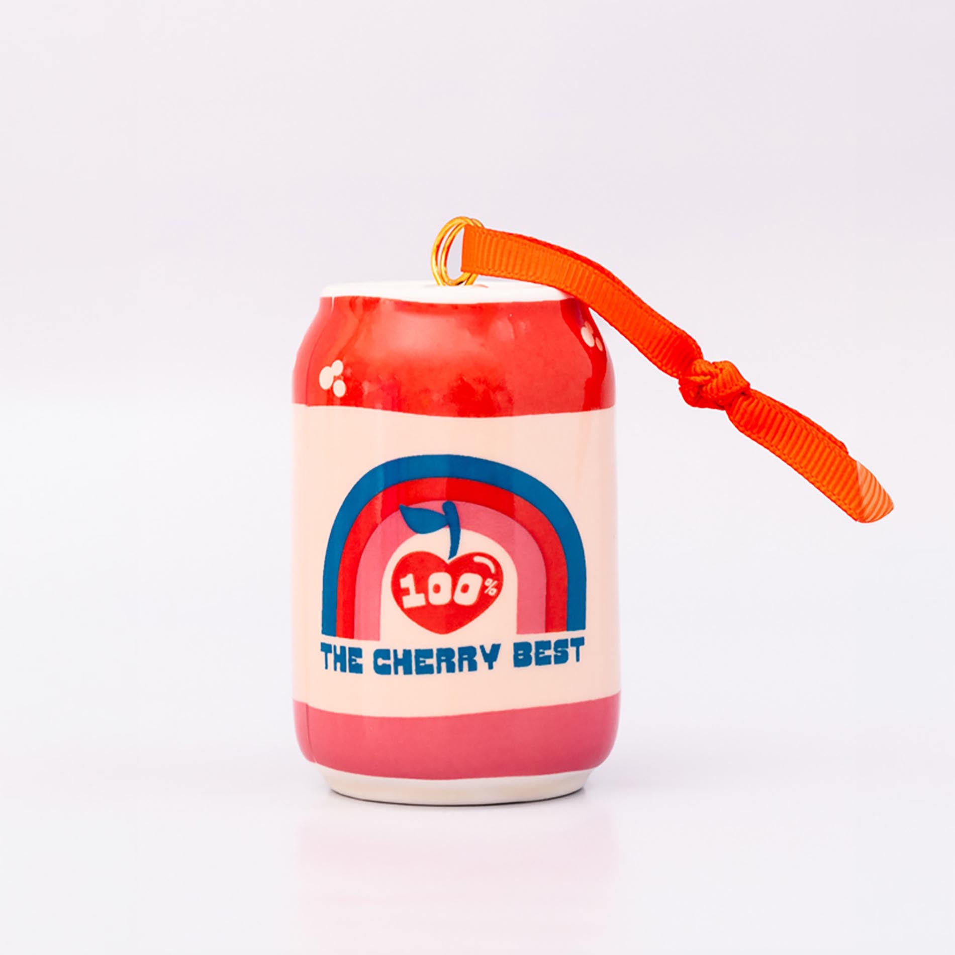 Back view of lucky cherry cream soda with ornament on a white background