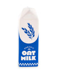 Carton of organic oat milk vase with blue and white design on a white background