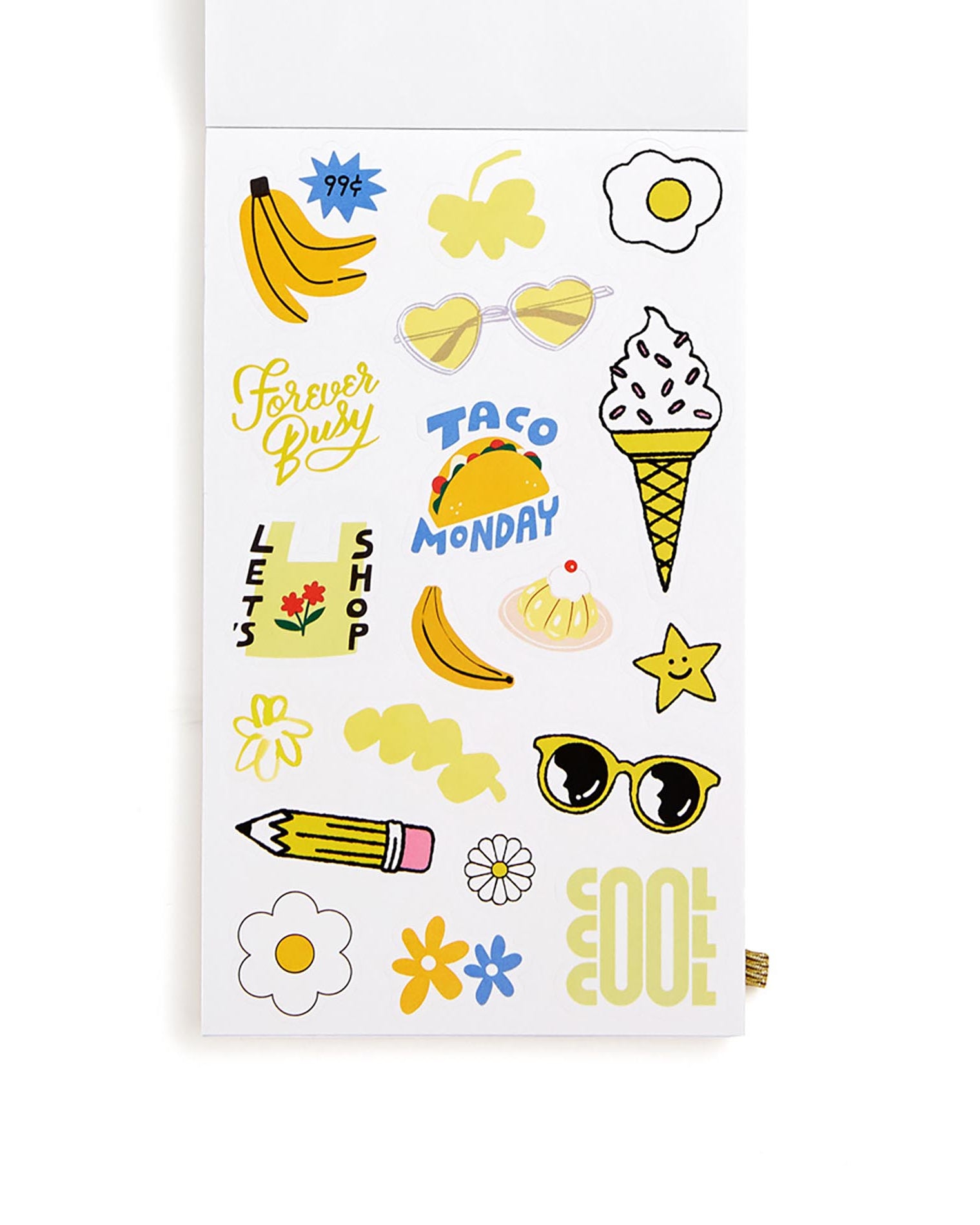 Sheet of colorful stickers with various designs on a white background