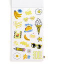 Sheet of colorful stickers with various designs on a white background